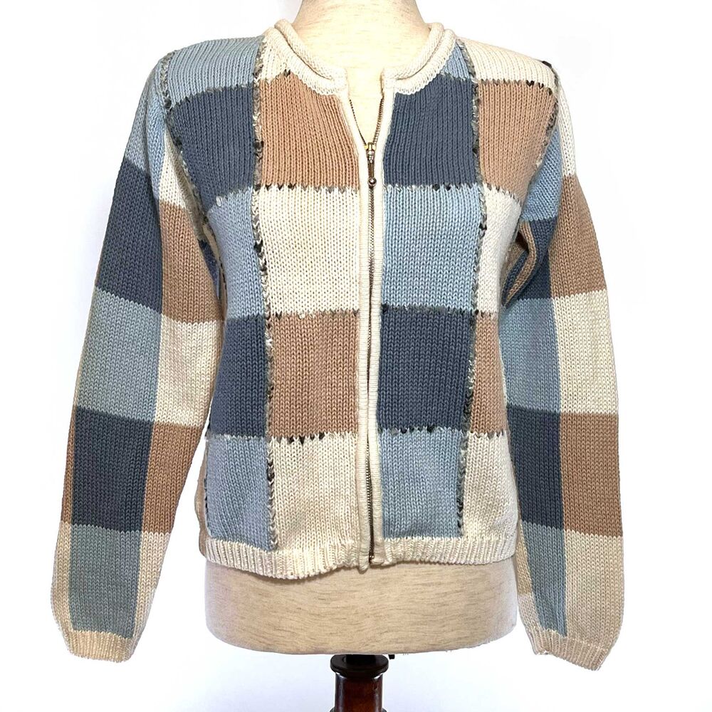 Dressbarn Small Blue Brown Plaid Jacket Sweater Full Zip